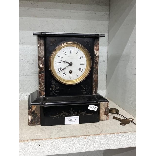 376 - Vic. slate & marble mantel clock with key & pendulum