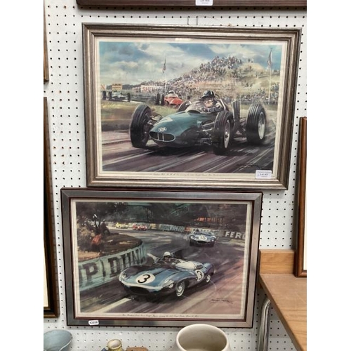 401 - 2 framed vintage racing car prints by Michael Turner 'Graham Hill, Driving The V8 BRM, Winning The 1... 