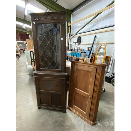 41 - Victorian pine corner cupboard with shelves to the interior 110H 65W 35D and an oak corner display c... 