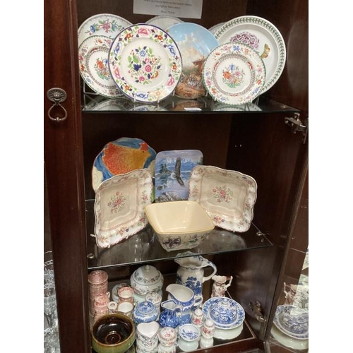 412 - 3 shelves of ceramics inc. Wedgwood 'Ferrara', Copeland Spode, Booths, Portmeirion, Mason's etc.