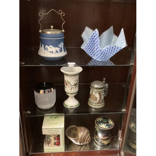 415 - 3 shelves of collectables inc. handkerchief vase, 1960's/70's glass & metal mesh ice bucket with lid... 