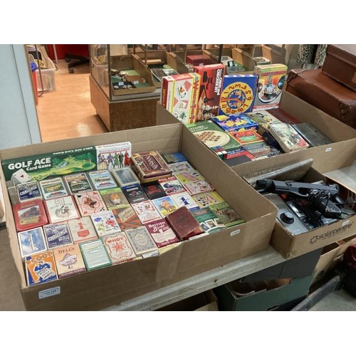 428 - 3 boxes of games inc. approx. 48 playing card sets, solitaire, Battleship, Draughts, chess & checker... 