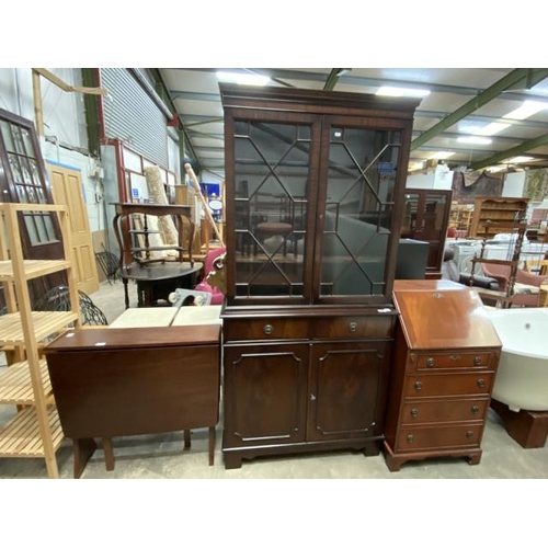 44 - Mahogany drop leaf dining table 76HG 80W 121D, mahogany glazed bookcase on cupboard 192H 92W 37D and... 