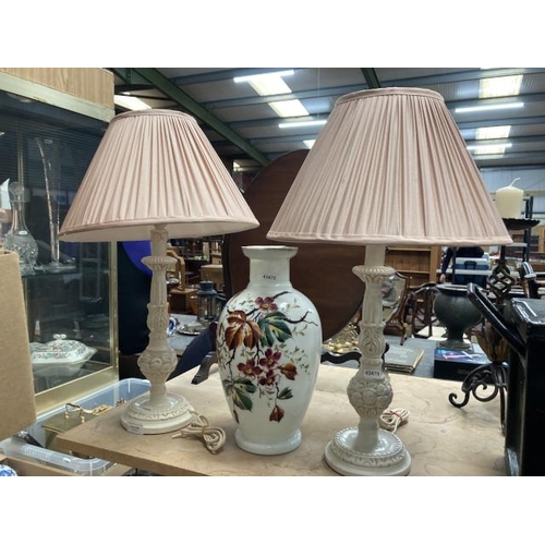 448 - Pair of carved table lamps with pink shades & Late 19th century opaline hand painted vase (Vase repa... 