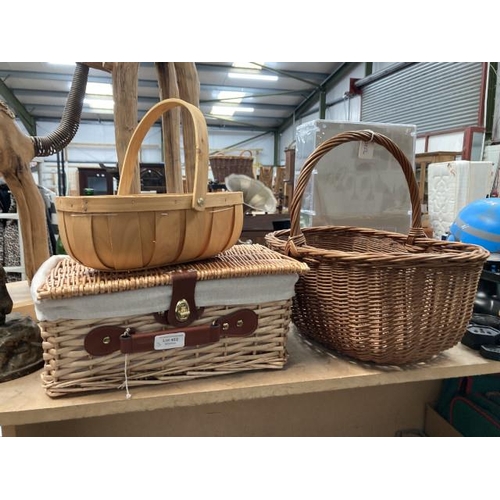 452 - Wooden trug, wicker gathering basket & wicker picnic basket