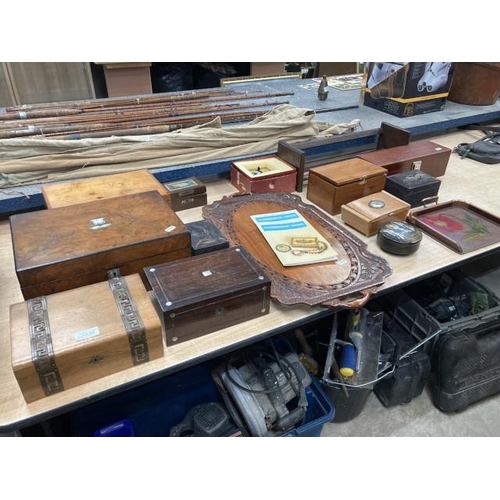 482 - Inlaid writing slope, assorted treen boxes including oriental lacquer, vintage musical jewellery box... 