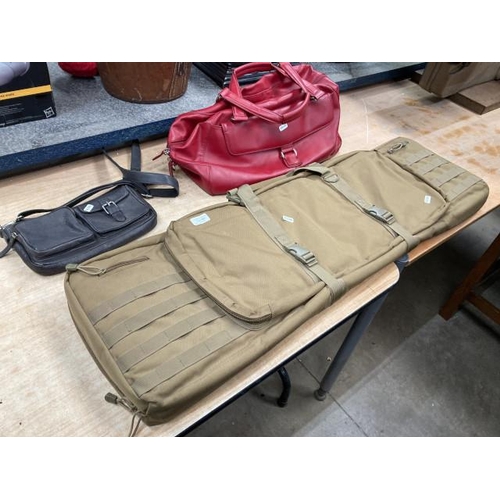 483 - Soft gun case (holds 2 rifles), FatFace grey leather handbag and a red hold all