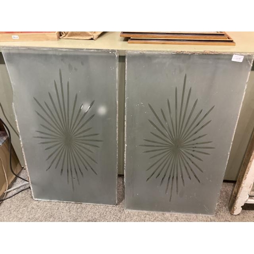 487 - 2 acid etched obscure glass panes (81 x 47cm approximately) as found