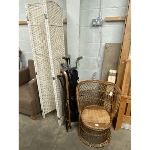 5 - Vintage rattan bedroom chair 70H 48W , 4 fold dressing screen (each panel 168H 40W), golf clubs, wal... 