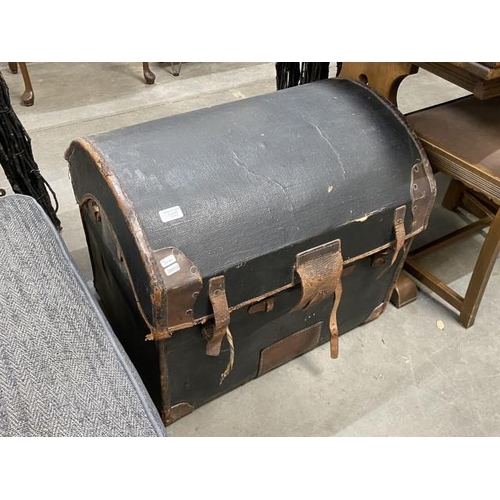 52 - Antique dome top trunk with leather details and straps 58H 68W 50D