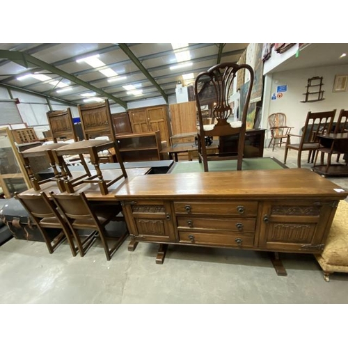 53 - Old Charm oak sideboard 82H 162W 45D and Old Charm oak draw leaf table 77H 137-214W 82D and 4 oak li... 