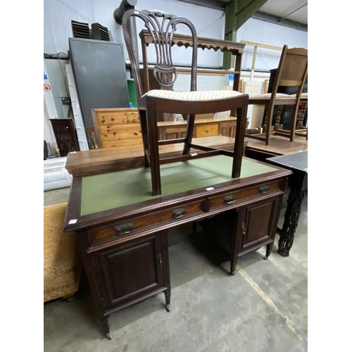 55 - Edwardian mahogany and walnut pedestal desk 76H 133W 63D and a desk chair