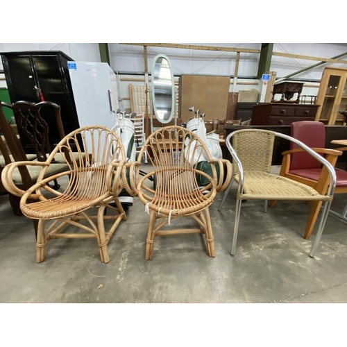 58 - 2 vintage rattan bedroom chairs 80H 66W and a chrome framed bedroom chair 77H 54W