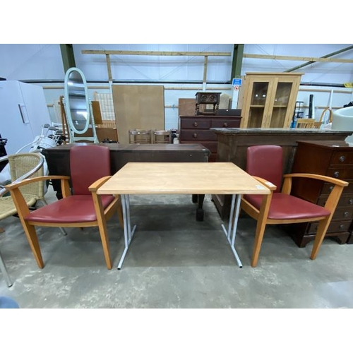 59 - Beech effect occasional table 67H 99W 64D and 2 beech framed chairs 55W