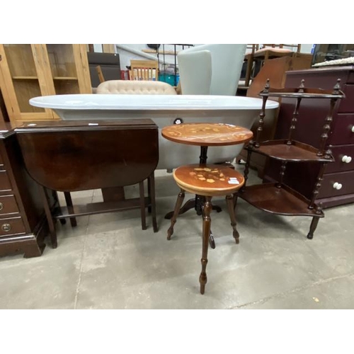 62 - Mahogany corner wot not 78H 50W 38D, 2 lacquered occasional tables57H 46cm diameter & 45H 30cm diame... 