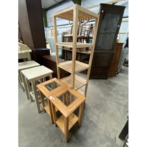 66 - Pine 5 tier towel rack 140H 37W 37D and 2 pine lamp tables 57H 30W 30D