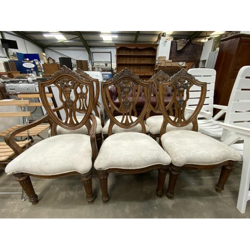 72 - 6 continental hardwood framed dining chairs including 2 carvers 64W (as found)