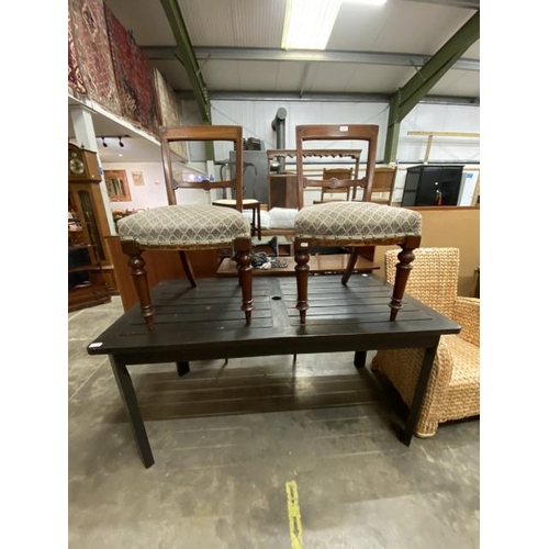 78 - Teak garden table 73H 150W 76D and 2 Edwardian mahogany bedroom chairs