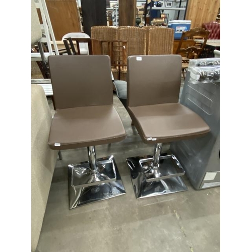 93 - 2 leather and chrome rise and fall bar stools 93H 42W 42D