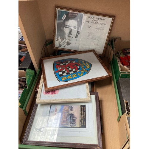 422 - Good collection of motoring memorabilia, vehicle badges & parts, framed motoring prints & tax discs,... 