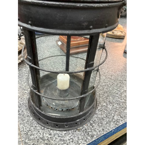 265 - Railway oil lamp & circa. 1900 iron candle lantern