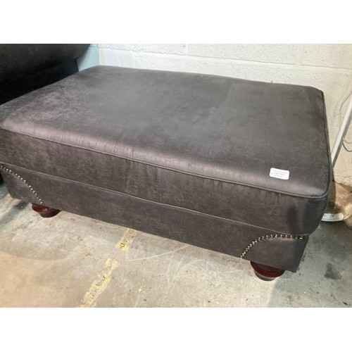 131 - Grey/black suede settee with button back detail 90H 220W 102D and a matching footstool 45H 102W 70D ... 