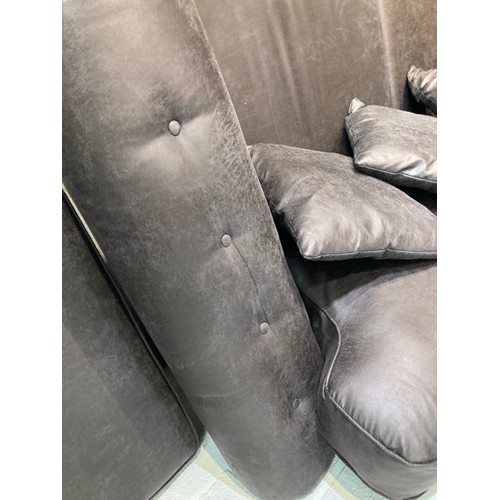 131 - Grey/black suede settee with button back detail 90H 220W 102D and a matching footstool 45H 102W 70D ... 