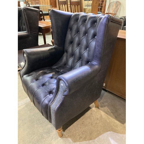 133 - Hand made Harris Tweed and blue leather button back Chesterfield wing armchair 110H 83W 80D (in exce... 