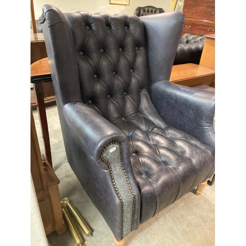 132 - Hand made Harris Tweed and blue leather button back Chesterfield wing armchair 110H 83W 80D (in exce... 