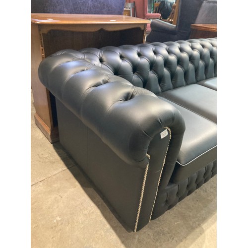 144 - Hand made black leather button back Chesterfield 4 seat settee 70H 235W 92D (in excellent condition)