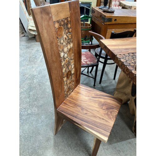 91 - Indonesian teak dining table with a branch coin design to the centre 78H 216W 110D and 10 teak high ... 