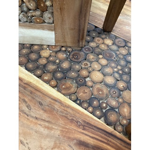 91 - Indonesian teak dining table with a branch coin design to the centre 78H 216W 110D and 10 teak high ... 