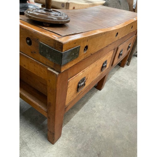 161 - Antique butchers block - double sided with 2 deep drawers (from the kitchens of Fowberry Tower, Chat... 