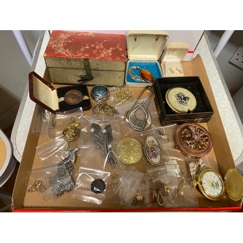 310 - Collection of costume jewellery, enamel badges, cufflinks, 2 compacts, pill box, sugar tongs, reprod... 