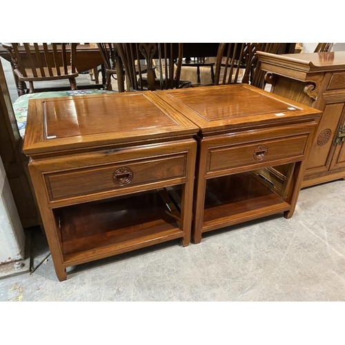 106 - Pair of oriental rosewood single drawer lamp tables 55H 56W 56D