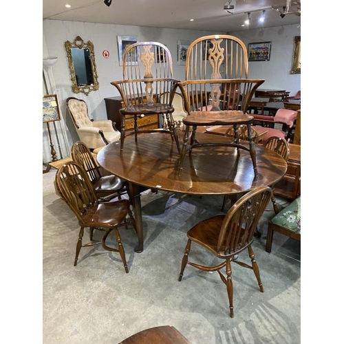 111 - Country oak drop leaf table 76H 197W 54-154D with 6 chairs and 2 Windsor chairs