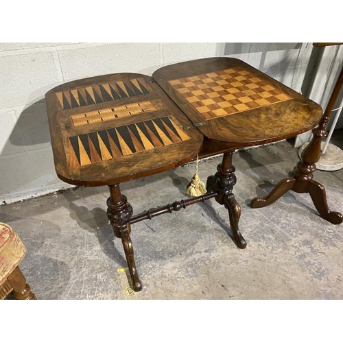 113 - Victorian walnut inlaid fold over games table 71H 65W 40D