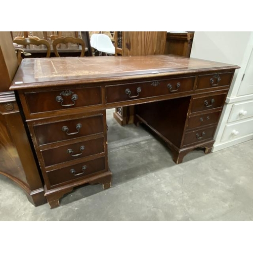 152 - Mahogany pedestal desk with brown leather inset 76H 138W 76D ( one missing handle)