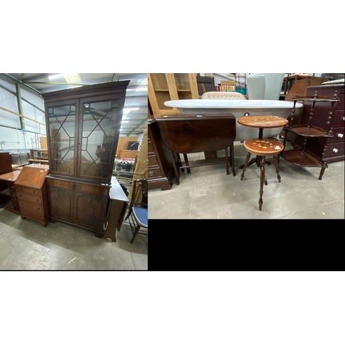 16 - Mahogany drop leaf dining table 76HG 80W 121D, mahogany glazed bookcase on cupboard 192H 92W 37D, a ... 