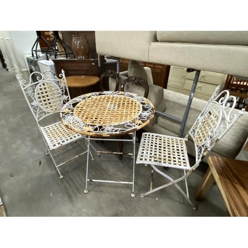 160 - Metal circular folding garden table 76H 70D and 2 folding chairs