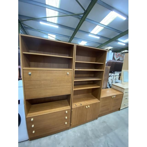 165 - Mid century Schreiber teak media cupboard 61H 92W 39D, bookcase on cupboard 173H 75W 33D and a match... 