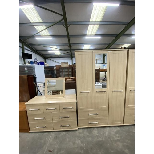 166 - Contemporary ash effect triple wardrobe 190H 77W 55D and a multi drawer chest 77H 116W 41D