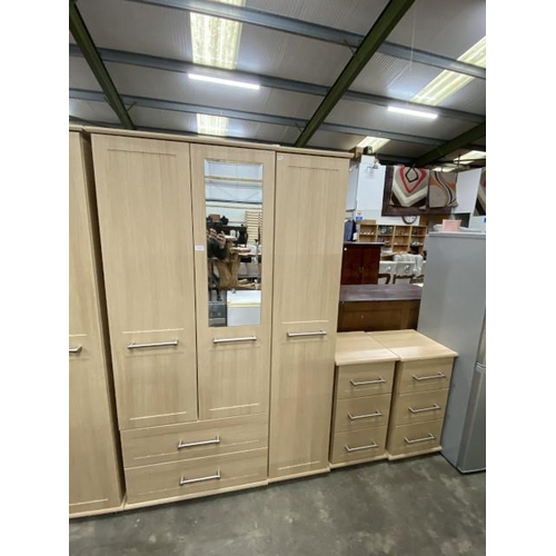 167 - Contemporary ash effect triple wardrobe 190H 77W 55D, 2 matching 3 drawer chests 77H 41W 41D