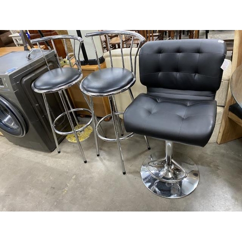 171 - 2 chrome framed bar stools 100H 51W 39D and a black faux leather and chrome rise and fall bar stool ... 