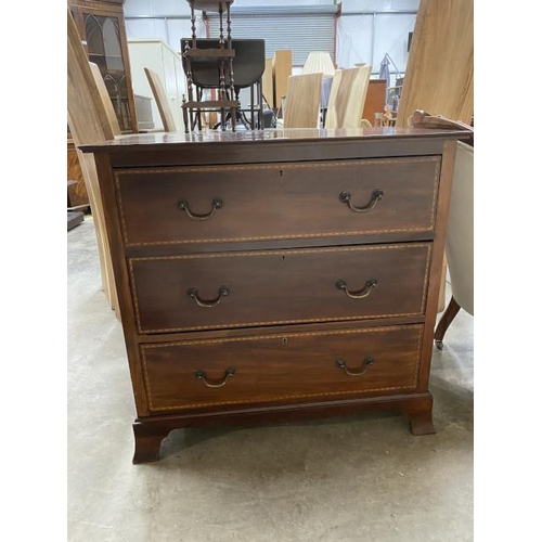 173 - Edwardian mahogany inlaid 3 drawer chest 81H 84W 53D