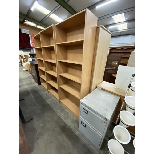 177 - 3 beech effect bookcases 200H 80W 30D and a metal 2 drawer filing cabinet with 2 keys 71H 47W 62D