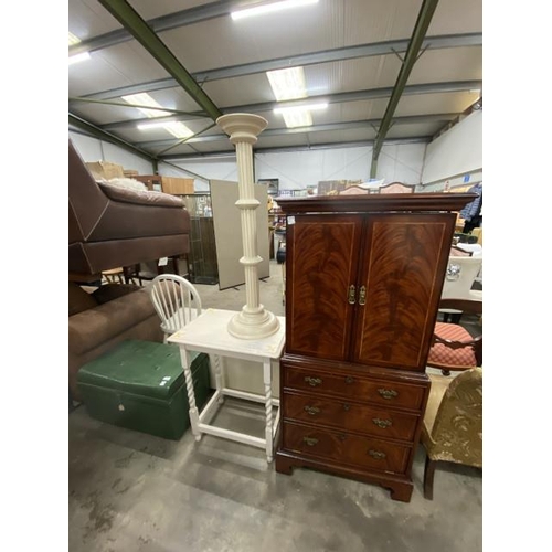 184 - Mahogany media cupboard 137H 63W 43D, white painted occasional table 71H 58W 39D, painted torchere 9... 