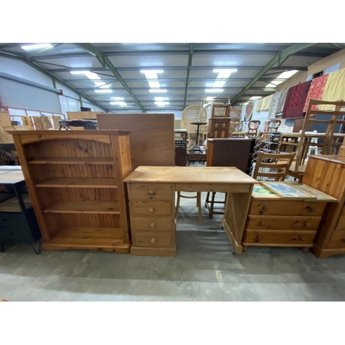 19 - Pine bookcase 122H 99W 30D, pine kneehole desk/dressing table 82H 114W 50D & a pine 3 drawer chest 6... 