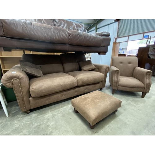 196 - DFS brown suede settee 210W, armchair 72W 71D and footstool 25H 63W 49D (in excellent condition)