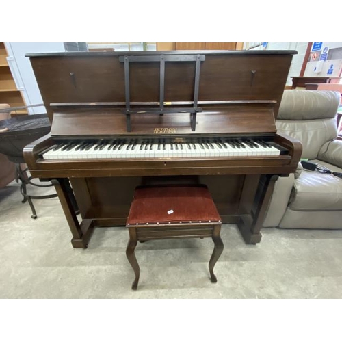 198 - Mahogany framed ‘Hertman’ upright piano 122H 135W 60D and a mahogany piano stool